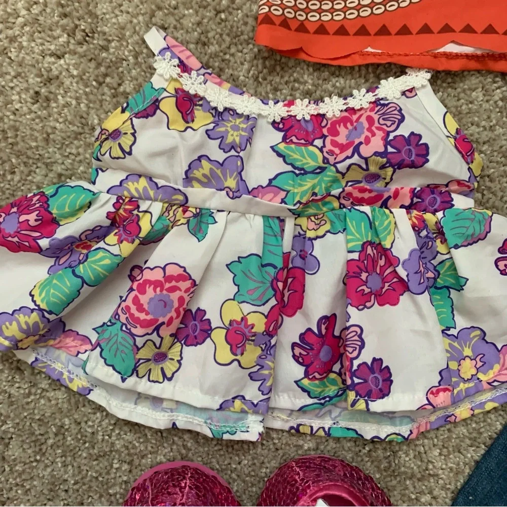 Lot Set Build A Bear Girls Clothes: Dress/Shoes/Moana Top/Cat Shirt/Jeans/Skirt
